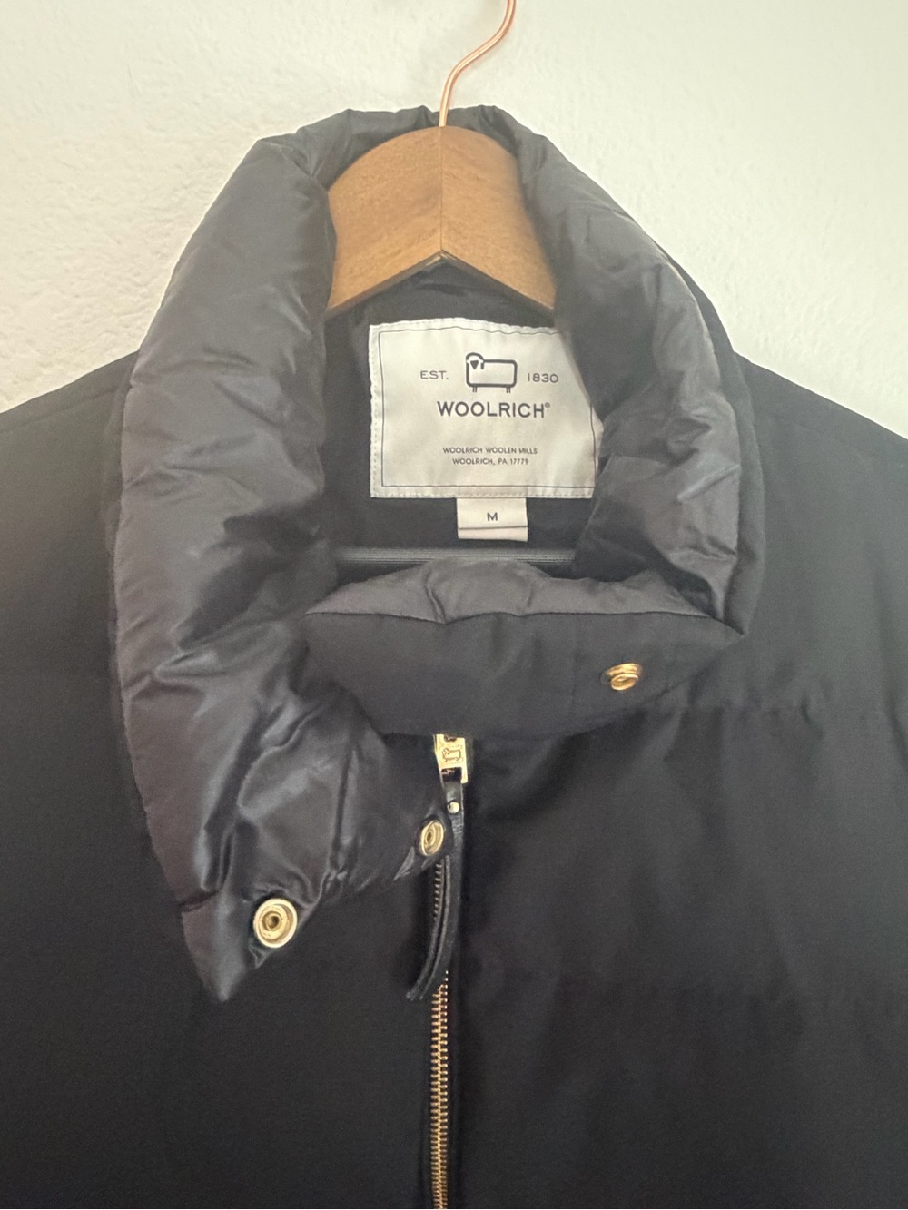 Woolrich Luxe Black Down Puffer Jacket Gold Zip Funnel Neck Duck Down Coat | M - Picture 6 of 9